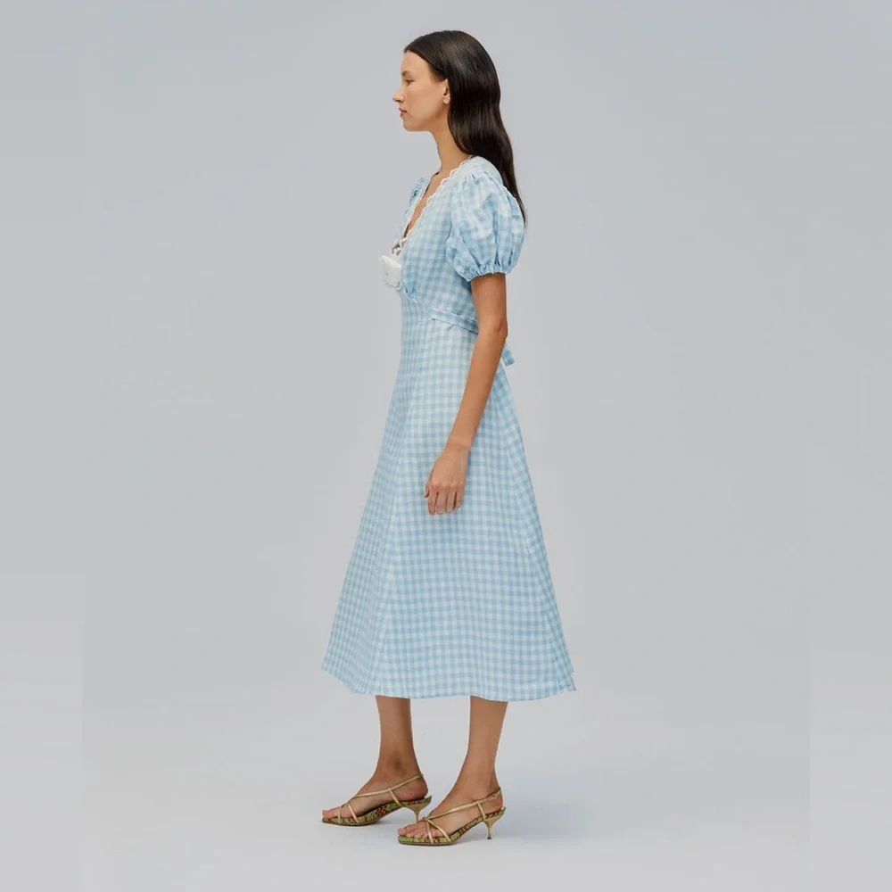 NWT SLEEPER The Genus Rosa Linen Blend Gingham Midi Dress in Blue Vichy Sz XL - Picture 12 of 15